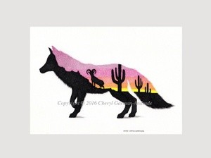 Desert Fox Sunset Silhouette Pen and Ink Pointillism