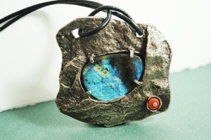 Spectrolite Blue Solar . Art Pendant.Spectrolite, natural red coral .  Bronze sculpture sil