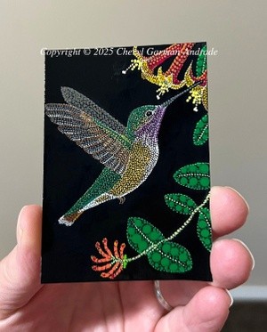 Hummingbird and Honeysuckle Pointillism Painting ACEO