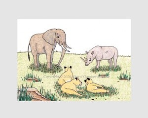 Elephant, Lions & Rhino Whimsical Illustration