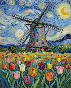 Starry Night Windmill and Tulips