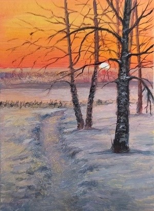 Winter sunset aceo miniature oil painting
