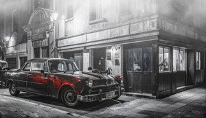 Fog and red car outside diner