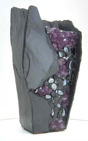 Large Stone Vase with Amethyst Crystals