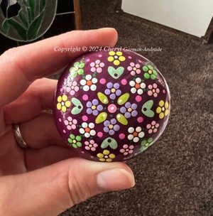 Burgundy Flower Mandala Dot Art River Stone.