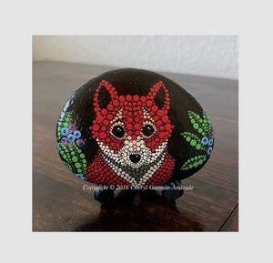 Red Fox & Blueberries Dot Art River Stone