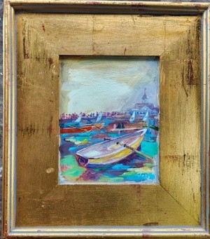 BYIC Yellow Rowboat 2025 8x10 acrylic on metal