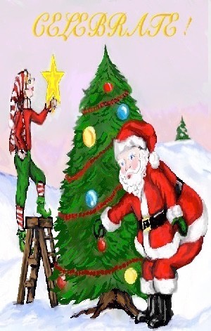 Santa and Elf decorating tree