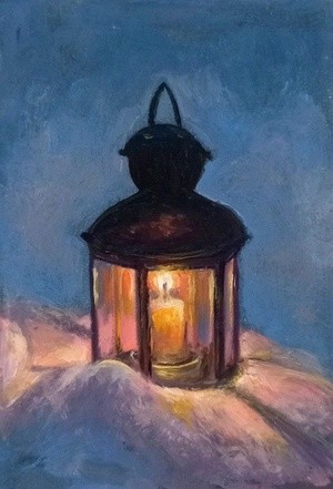 Winter lantern aceo miniature oil painting