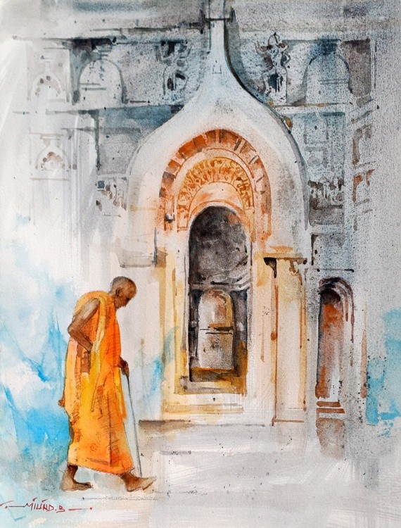 Buddhas Way (Junner Caves) Milind Bhanji Watercolor 12x16 Inch