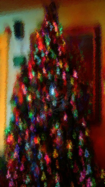 Christmas tree, ornaments, tinsel & colorful light