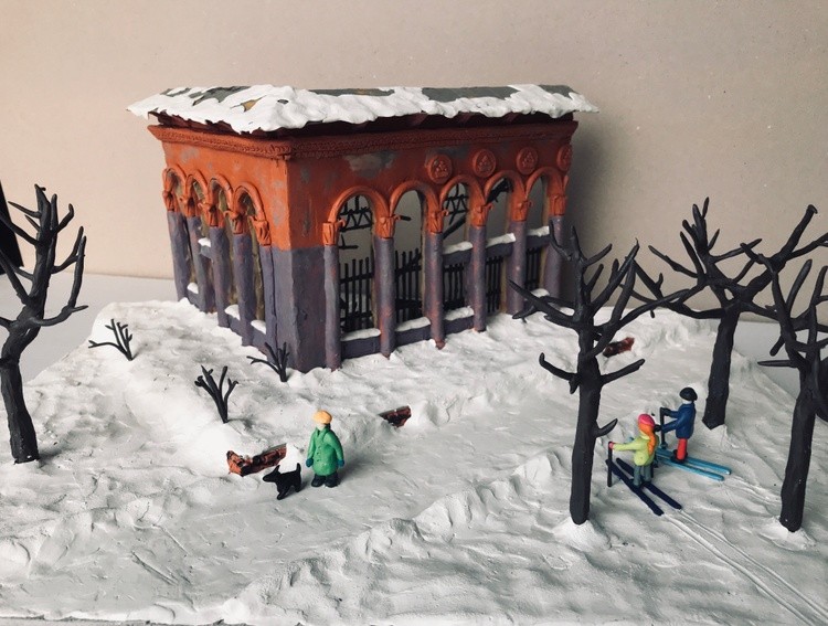 Ruins in the Park, plasticine, cardboard, 50x35x19.5 cm
