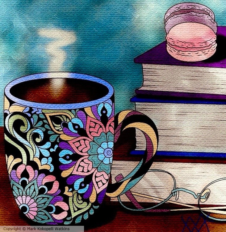 “Coffee While Reading,”©2024 by Mark Kokopelli Watkins