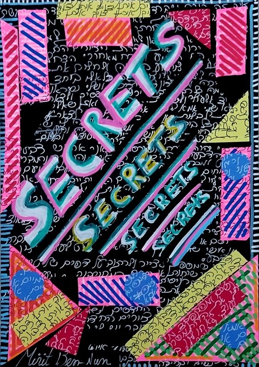 Collage of personal journaling, Acrylic painting on colored Bristol paper, Mirit Ben-Nun