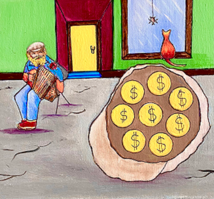 Accordian Man 8 coins in a hat