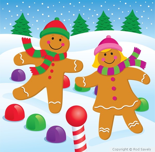 Gingerbread boy and girl in the snow