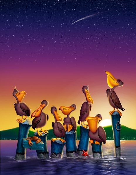 Pelican Sunset Whimsical Cartoon