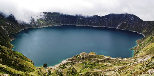 Quilotoa crater lake and fog