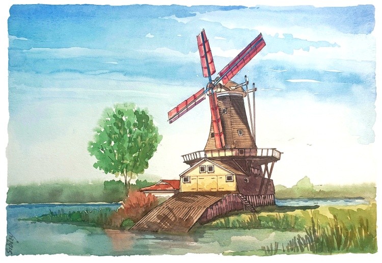 Folmar Windmill watercolour