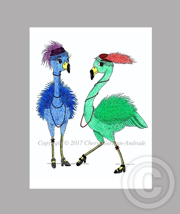 Whimsical Fiona & Fergie Flamingo Flappers Illustration