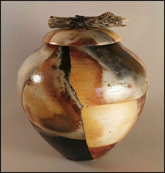 MOSAIC PITFIRE LIDDED VESSEL WITH CACTUS HANDLE