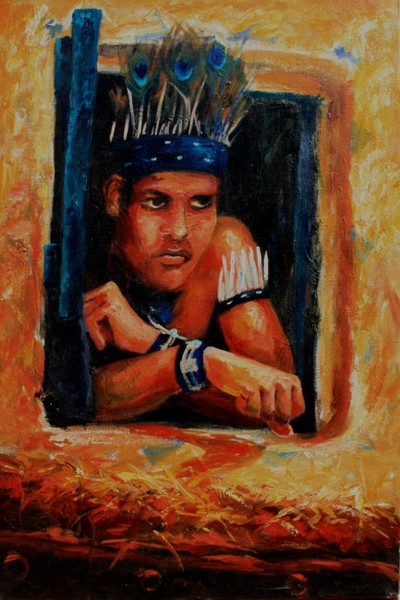 Original ART paintingTRIBAL Man PEEPING OUT WINDOW