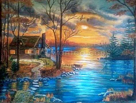 lakeside cabin at sunset