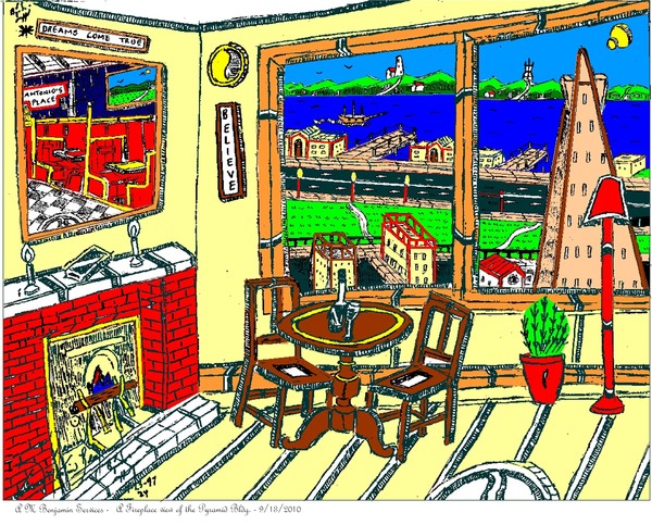 Fireplace view of Pyramid Bldg and Bay