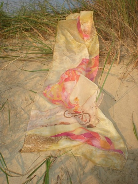 Silkscarf, handpainted -Girl on vintage bike.