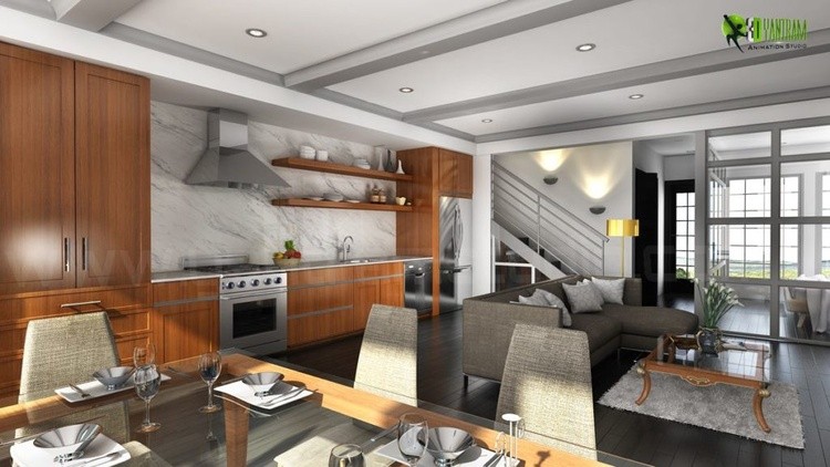Beautifully Bold 3d interior rendering Of living room with kitchen Designed by 3d interior rendering