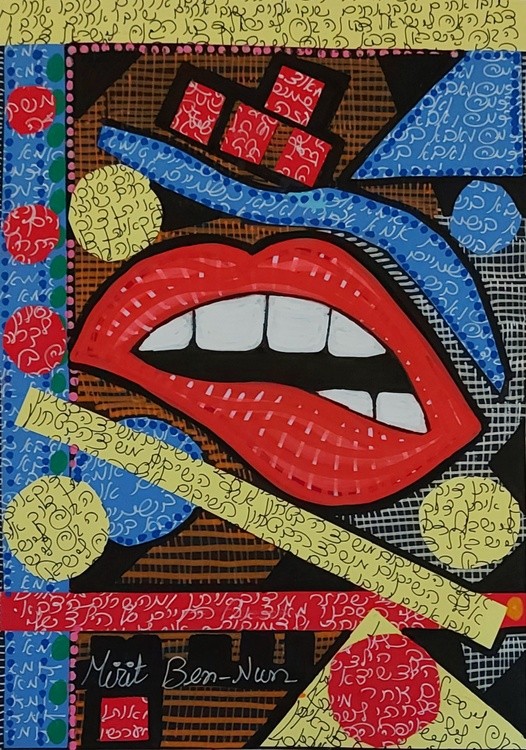 Collage of personal journaling, Acrylic painting on colores Bristol paper, Mirit Ben-Nun