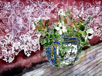 still life with lace and vase watercolor painting