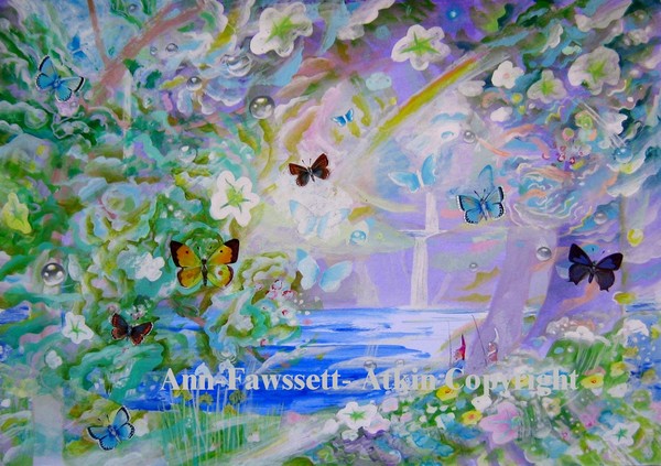 2 gnomes fishing countryside with butterflies