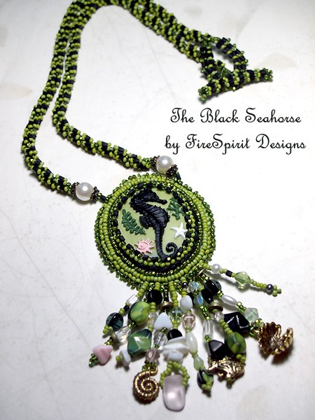 The Black Seahorse- bead embroidery necklace