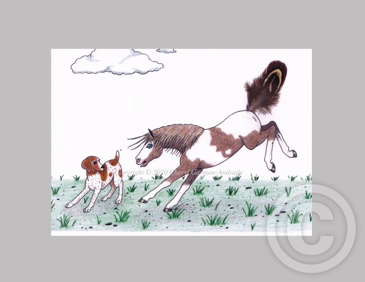 Paint Horse & German Shorthair Pointer Dog Whimsical Illustration