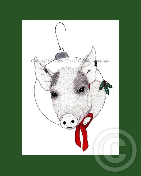 Christmas Pig Pen and Ink Pointillism 