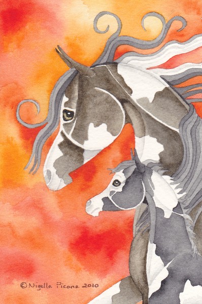 Black Pinto Mare And Foal On Red/Orange