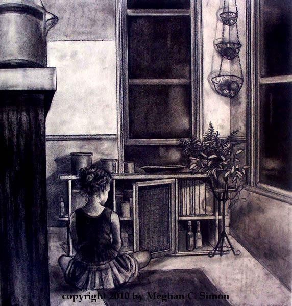 Original Charcoal Drawing - Interior with Child
