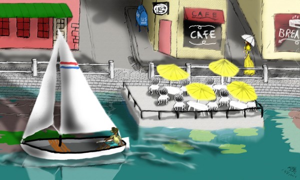 lakeside cafe in oil