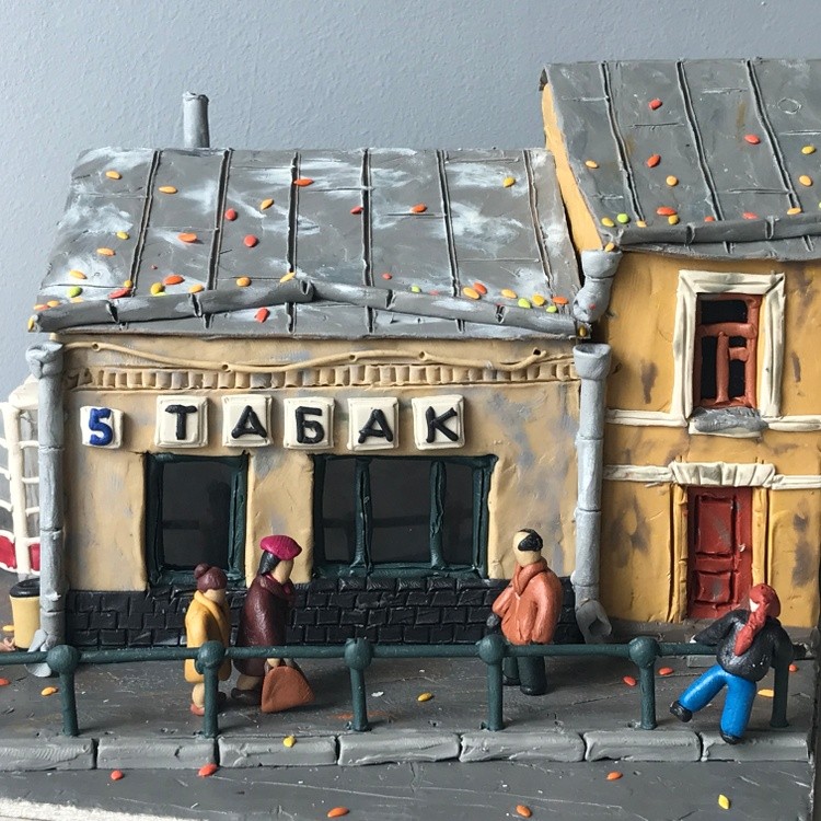 Tobacco shop, plasticine, cardboard, 25x17.5x13 cm