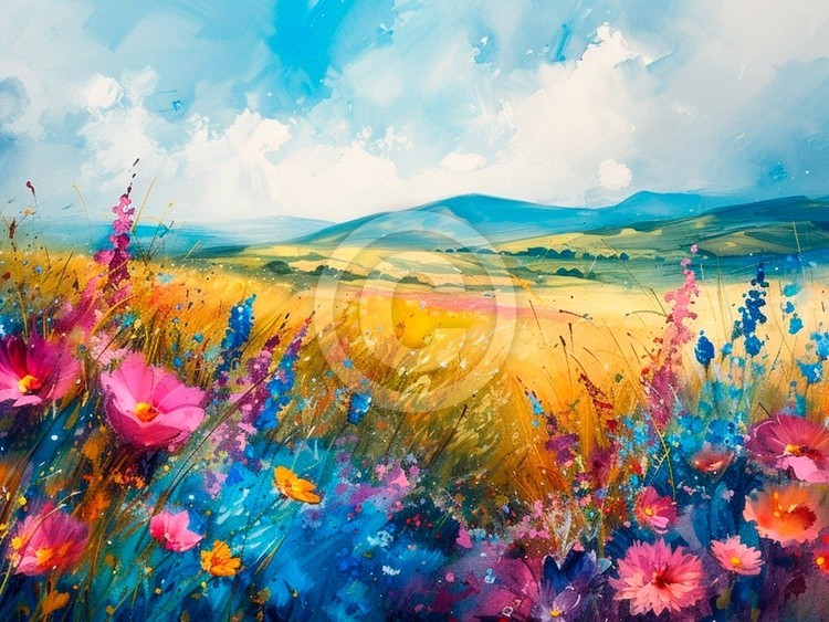 Spring Print, Flower Field Landscape Printable Art, Flower Meadow Oil Painting, Vintage Style decor