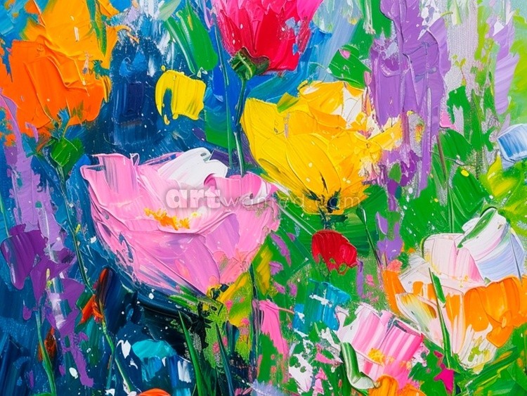 Spring Print, Flower Field Landscape Printable Art, Flower Meadow Oil Painting, Vintage Style decor
