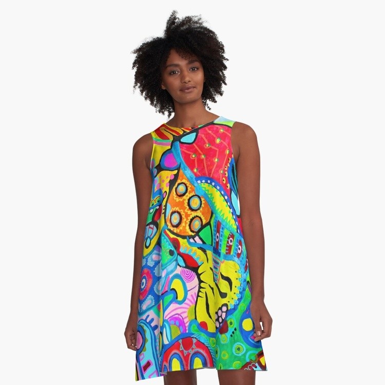 527. Fun Joy Colors Inspiaration Abstract Vibrant Doodles A-Line Dress
