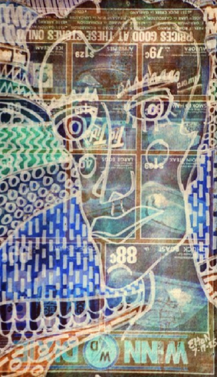 IN THE ZONE.(c).2006/elton houck.12 x 15 'paint on  a newspaper,,ELTON'S ART TIME VAULT/SCANOLOGY