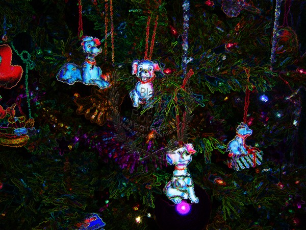 Christmas tree, ornaments, tinsel & colorful light
