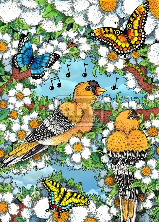 Yellow Birds in Dogwood Tree