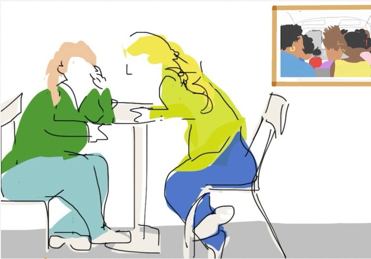chatting in Cacela Lounge, during my exhibition