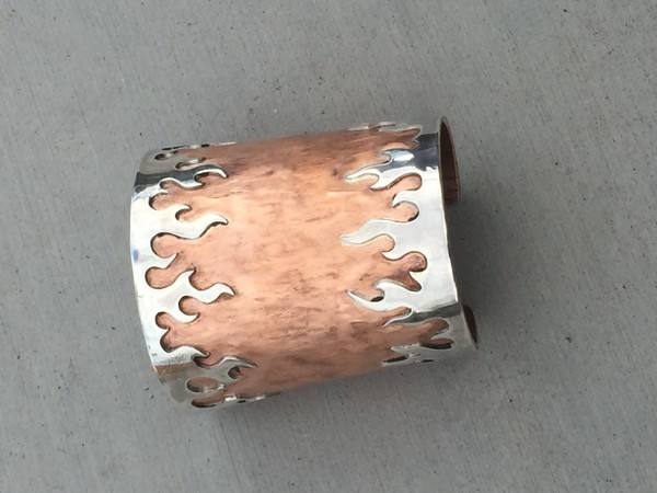 Hammered copper and Sterling flame cuff bracelet 