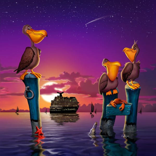 Pelican Sunset Cartoon - Square Format Art