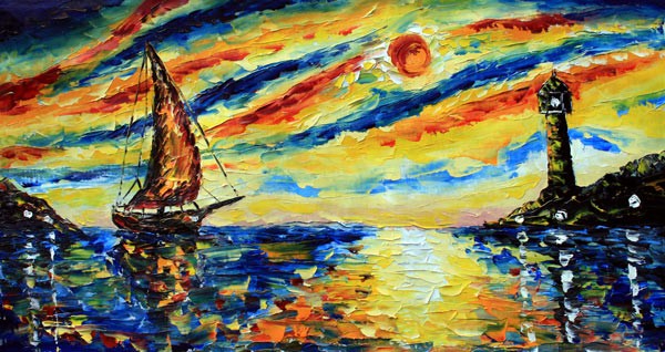 signed SOMMER EVENING OIL HAND PAINTING ART BOATS 